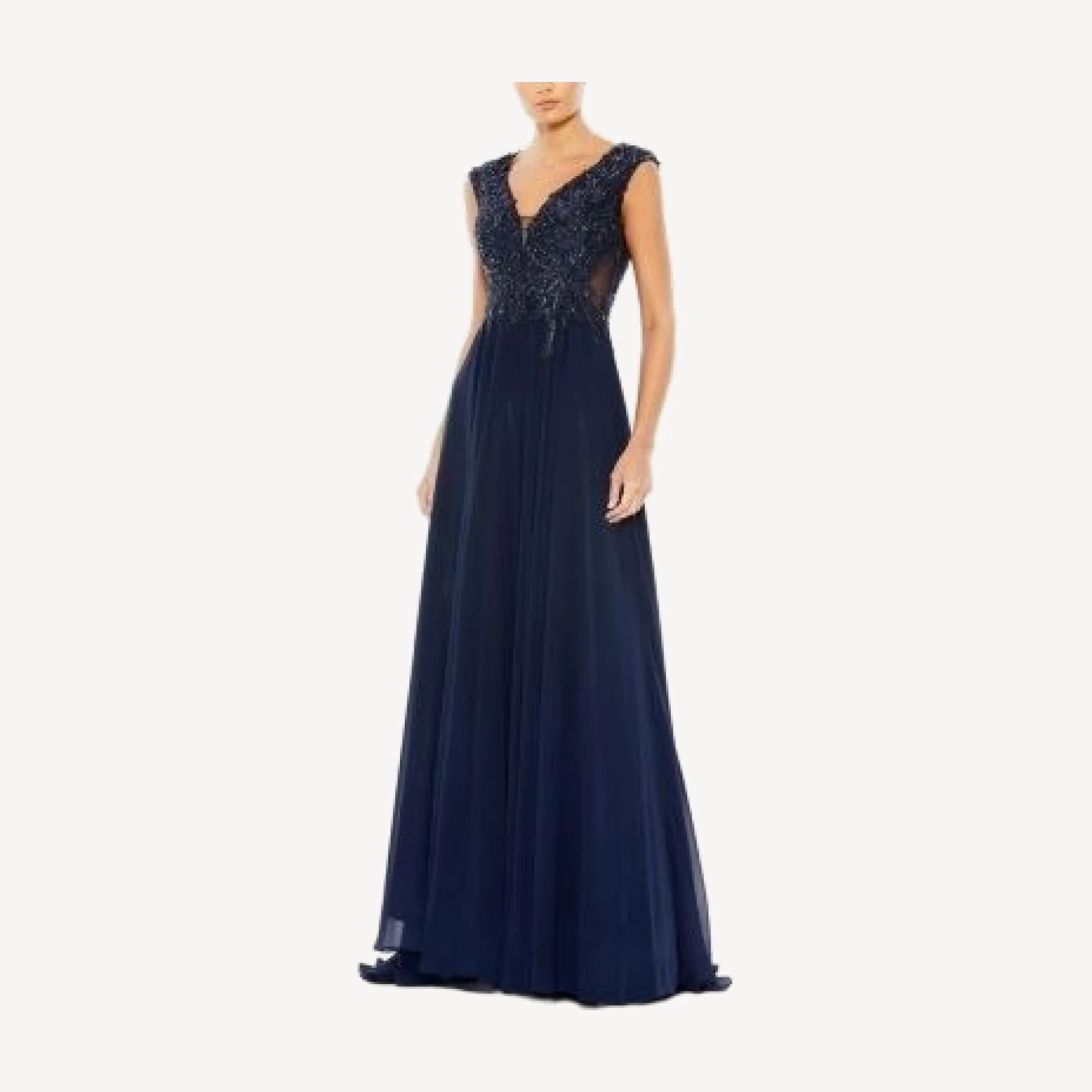 Mac Duggal Appliqued Cap Sleeve Bodice Flowy Gown