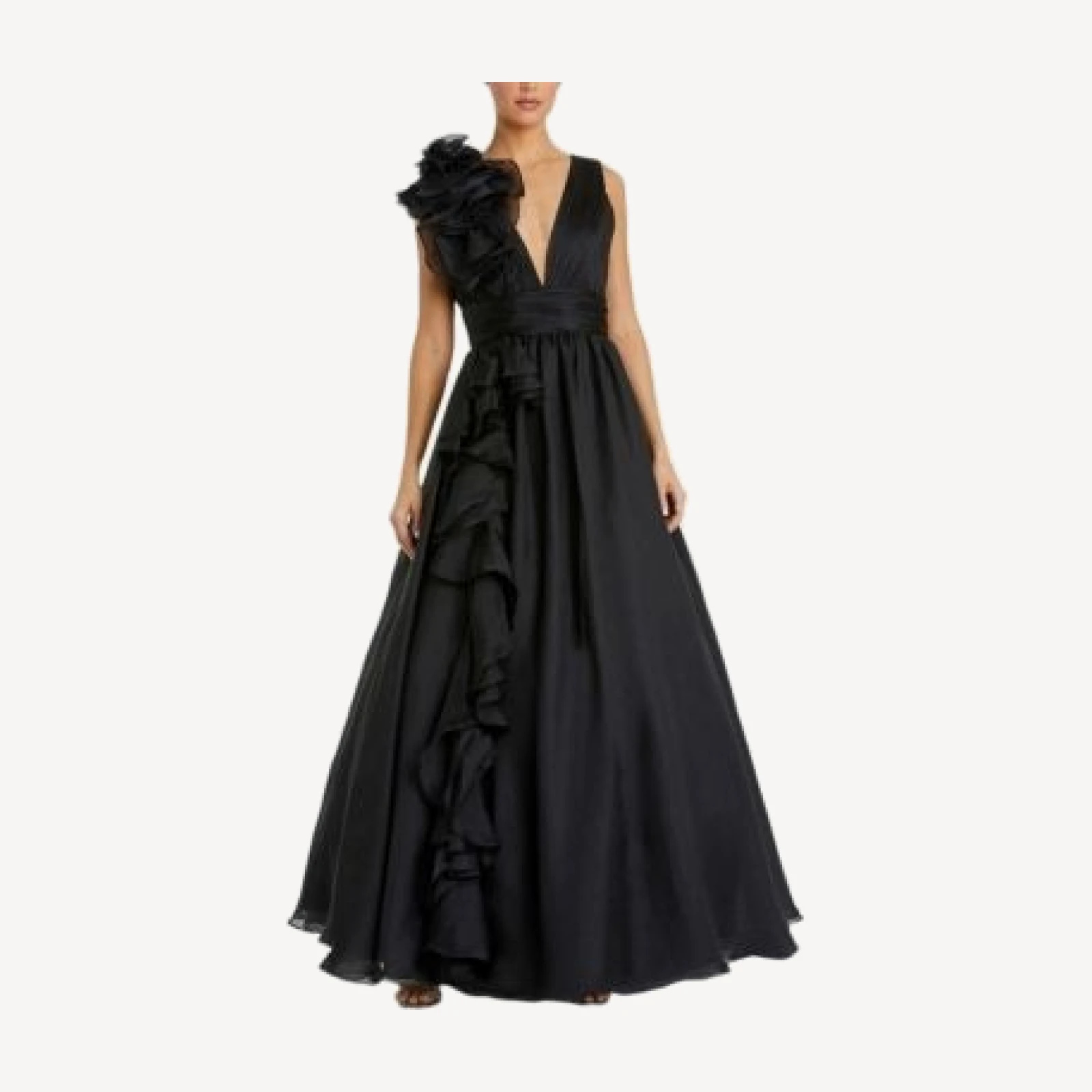 Mac Duggal Ruffle Shoulder V-Neck Chiffon Gown