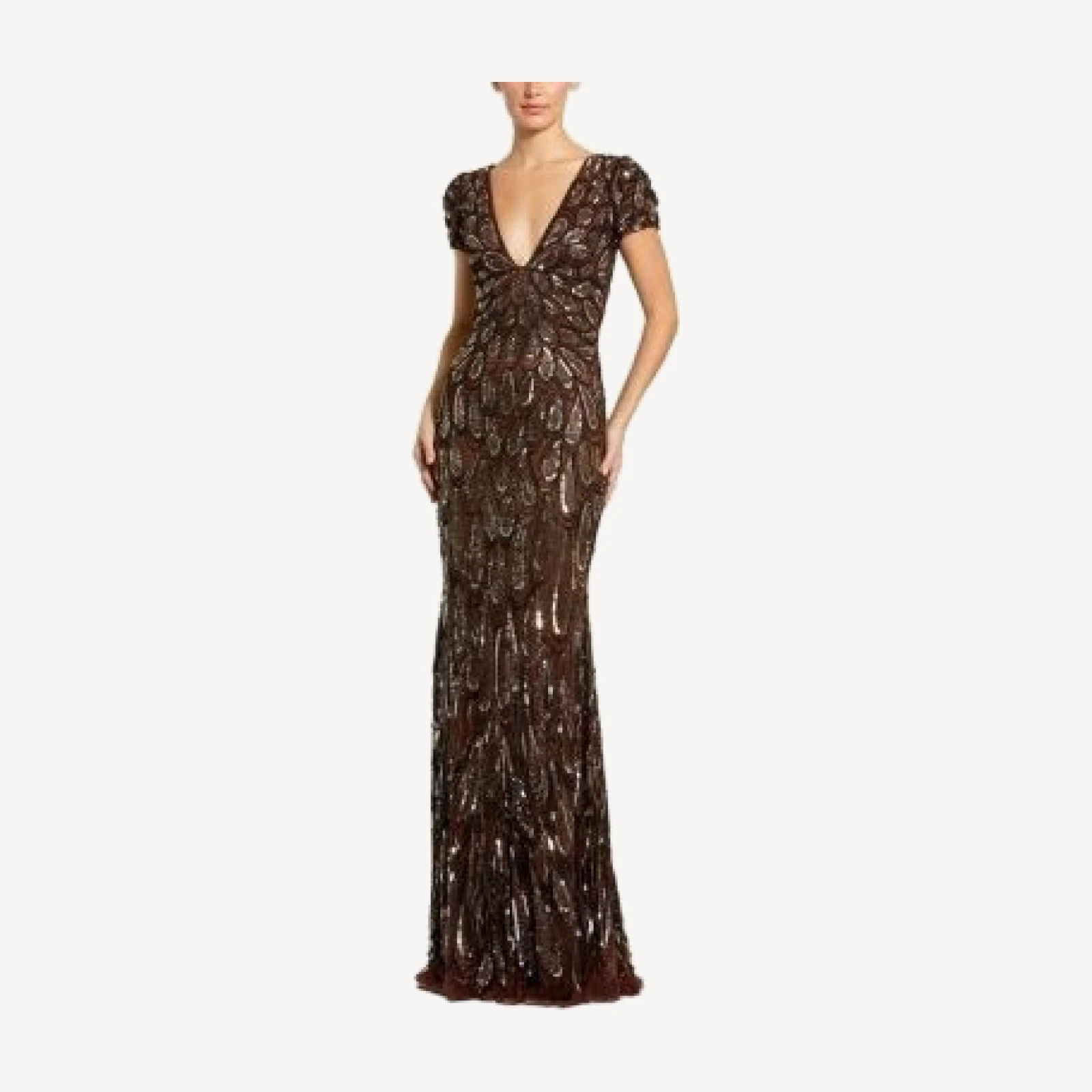 Mac Duggal Beaded Embellished V Neck Cap Sleeve Column Gown