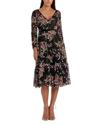 Mac Duggal Floral Embroidered Tea Length Dress