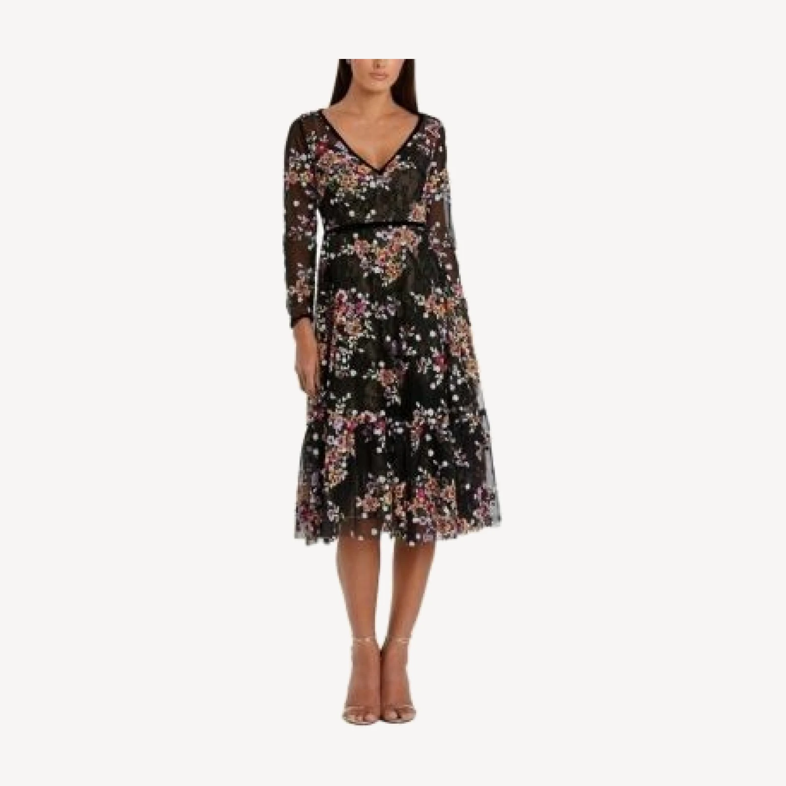 Mac Duggal Floral Embroidered Tea Length Dress
