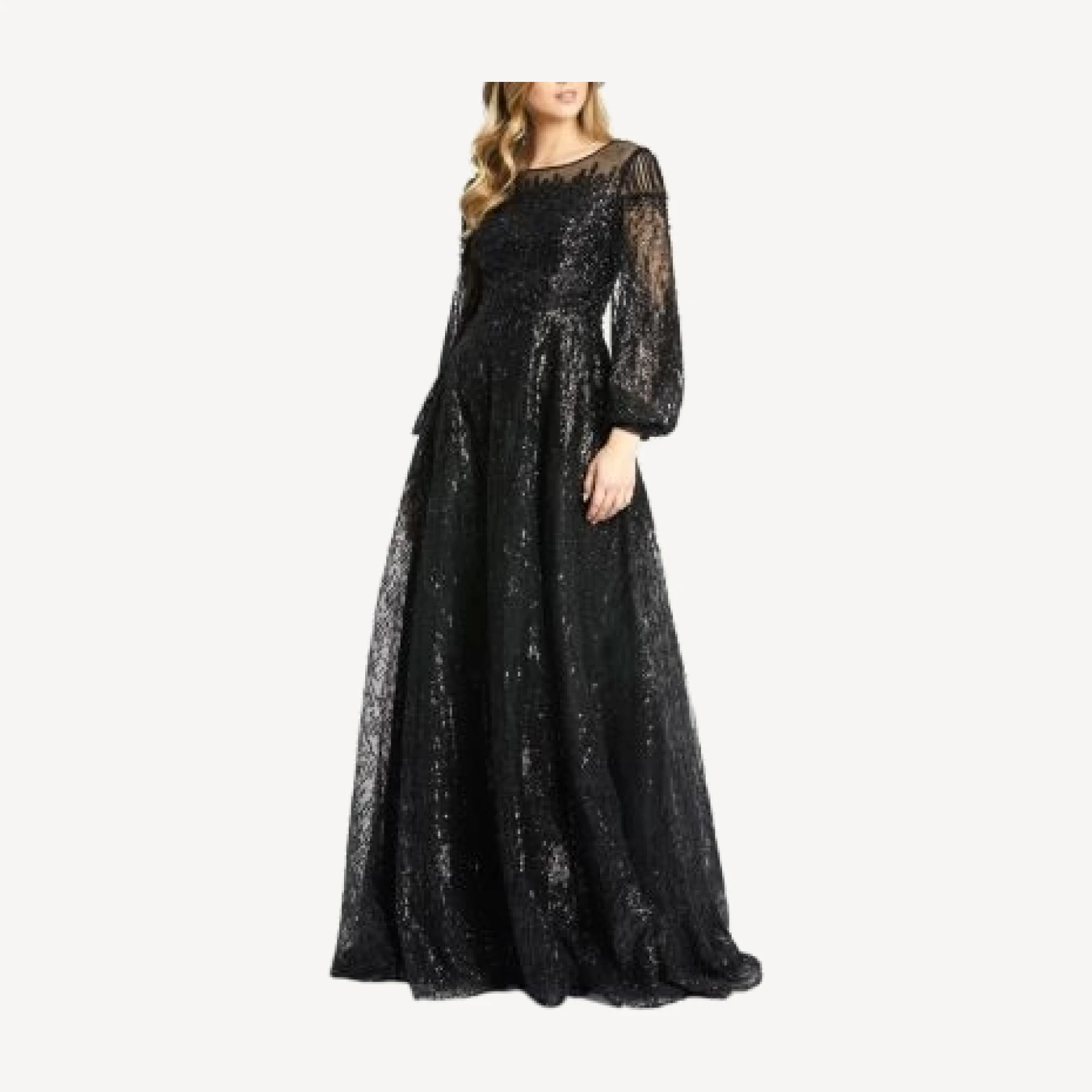 Mac Duggal Jewel Encrusted Illusion Long Sleeve A Line Gown