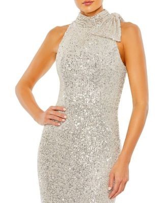 Mac Duggal Sequined Soft Tie Halter Neck Column Gown
