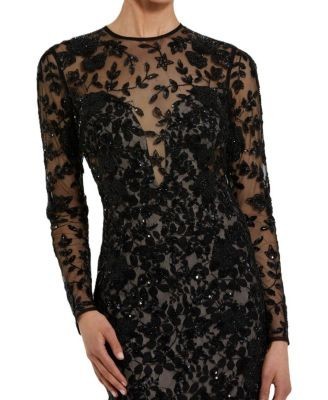 Mac Duggal Long Sleeve Floral Embellished Gown