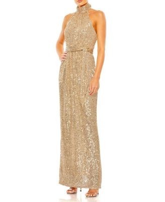 Mac Duggal Sequined Halter Neck Belted Soft Tie Dress