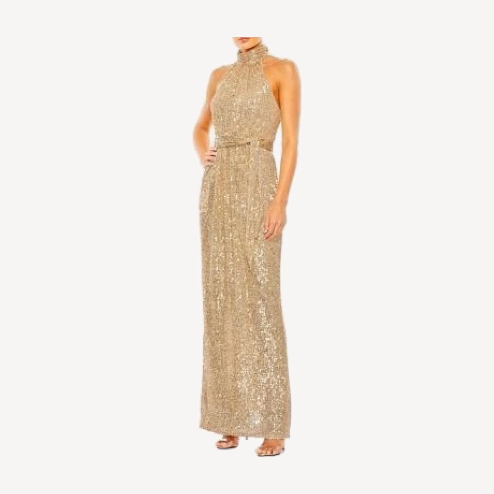 Mac Duggal Sequined Halter Neck Belted Soft Tie Dress