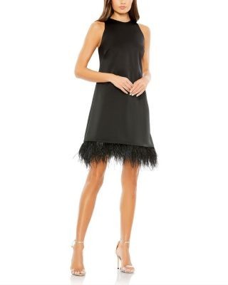 Mac Duggal Feathered Hem High Neck Sleeveless A Line Dress
