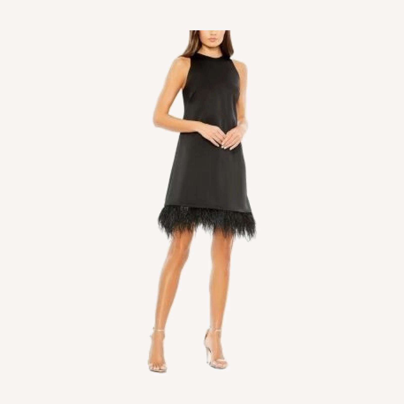 Mac Duggal Feathered Hem High Neck Sleeveless A Line Dress