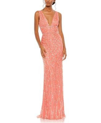 Mac Duggal Sequined Plunge Neck Sleeveless Column Gown