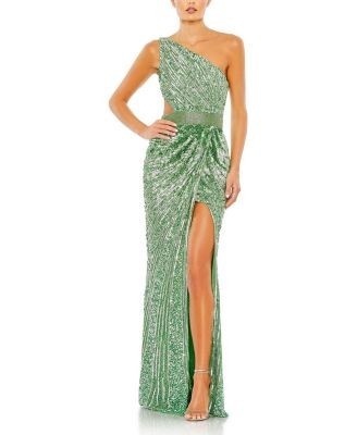 Mac Duggal Sequined One Shoulder Draped Lace Up Gown