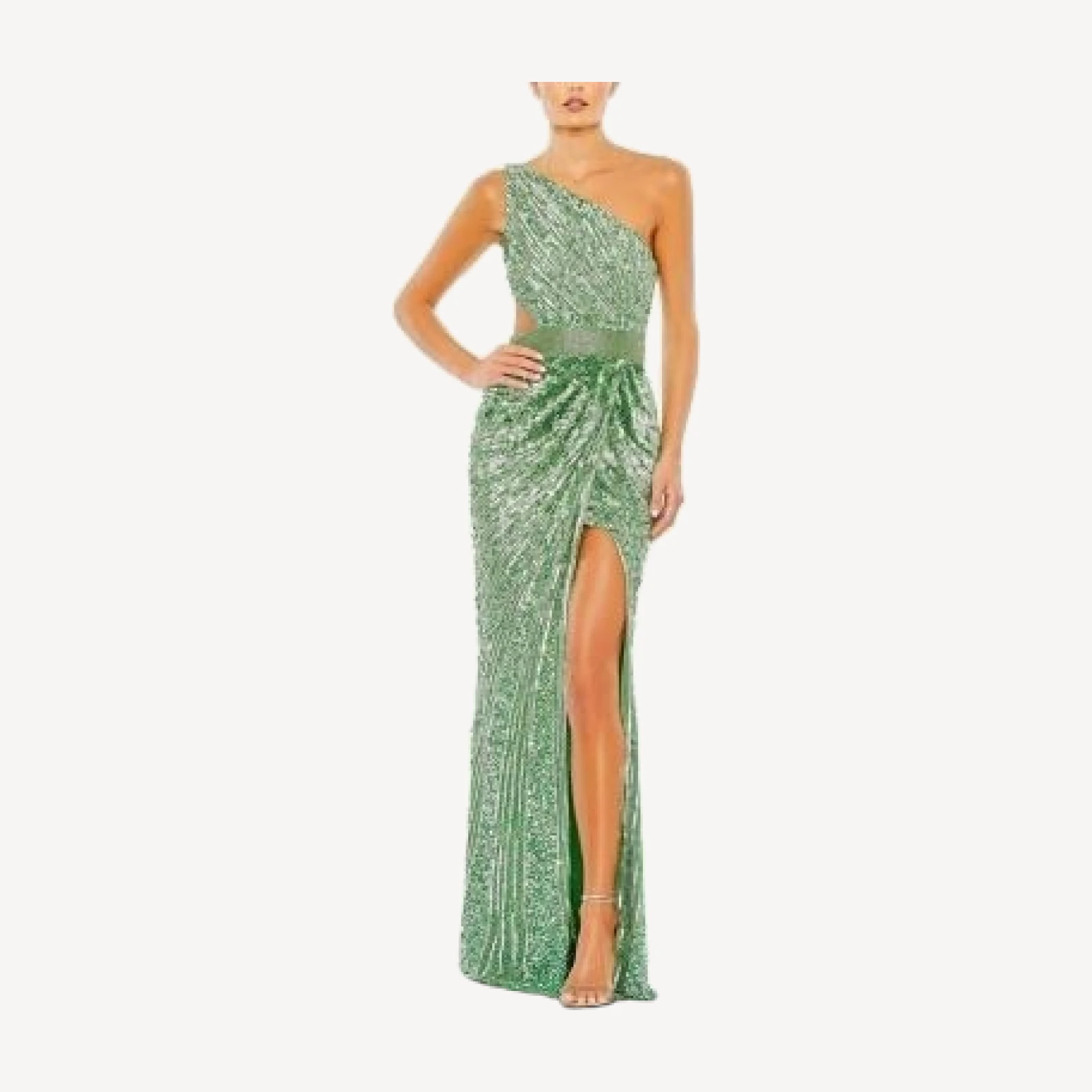 Mac Duggal Sequined One Shoulder Draped Lace Up Gown