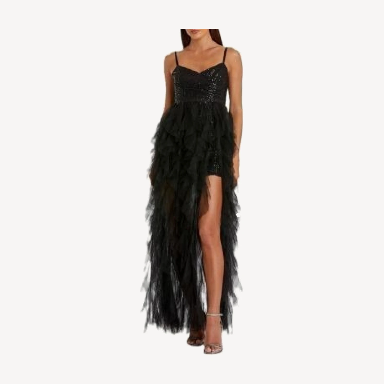 Mac Duggal Sequin Mini With High Low Ruffle Tiered Train Dress