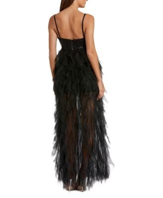 Mac Duggal Sequin Mini With High Low Ruffle Tiered Train Dress