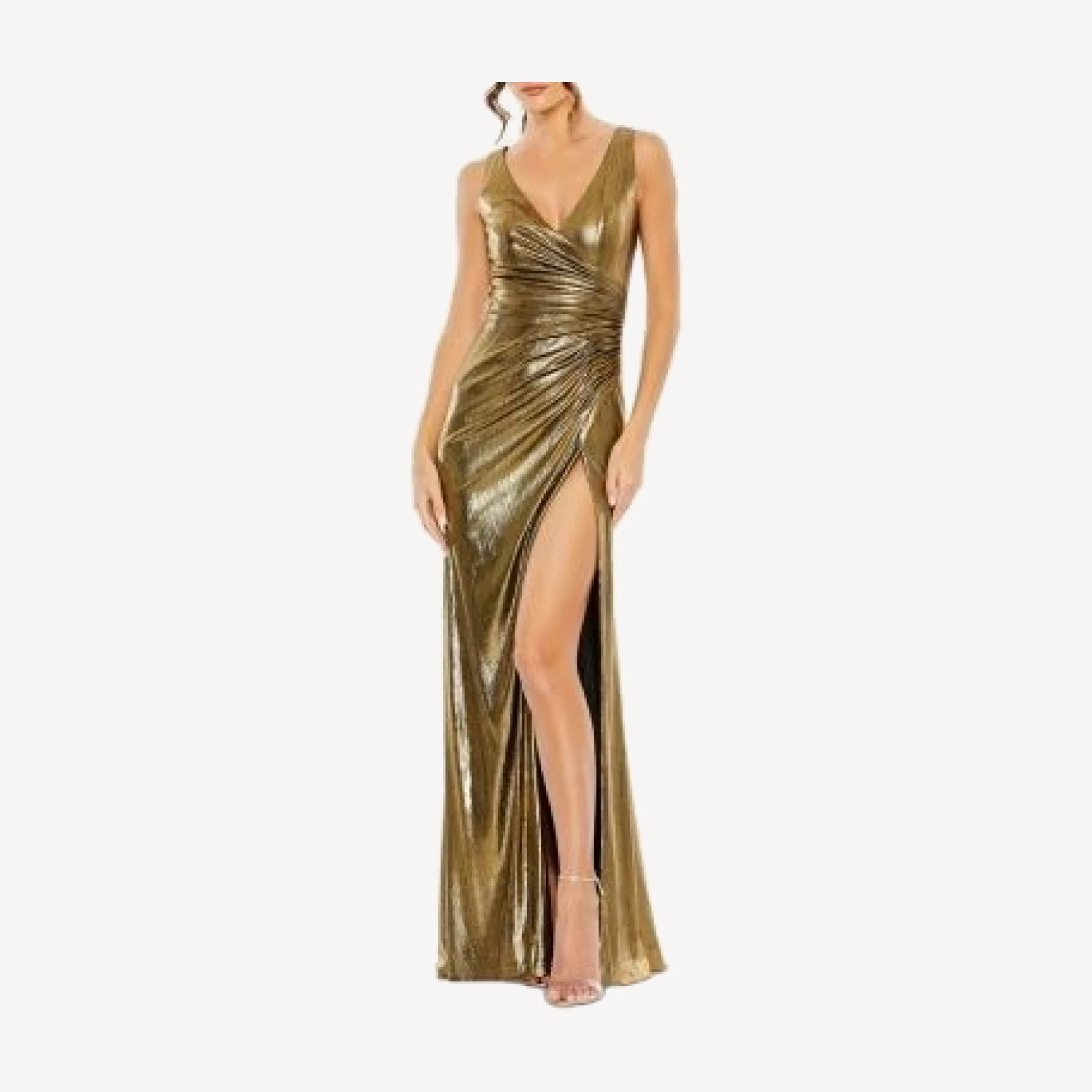 Mac Duggal Metallic Ruched Detail Front Slip V Neck Gown