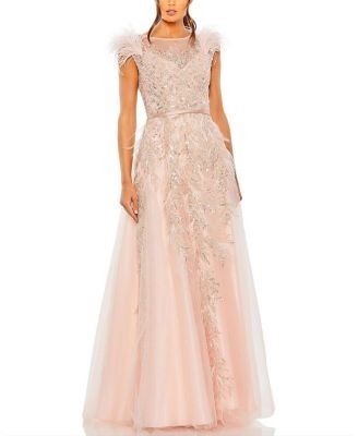 Mac Duggal High Neckline Feather Detail Beaded Gown