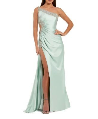 Mac Duggal One Shoulder Embellished Cut Out Slit Gown