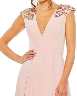 Mac Duggal Women's Beaded Cap Sleeve V Neck A Line Gown
