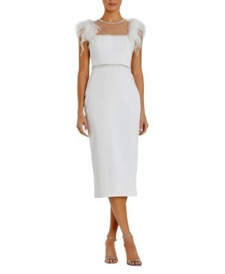 Mac Duggal Feather Cap Sleeve Pearl Embellished T-Length Fit Dress