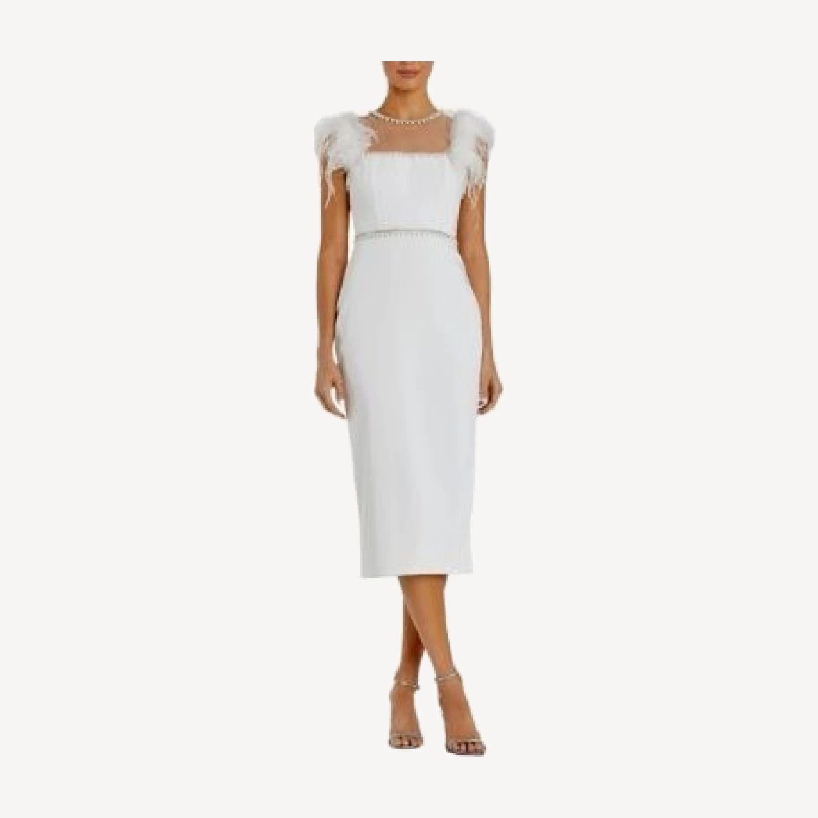 Mac Duggal Feather Cap Sleeve Pearl Embellished T-Length Fit Dress