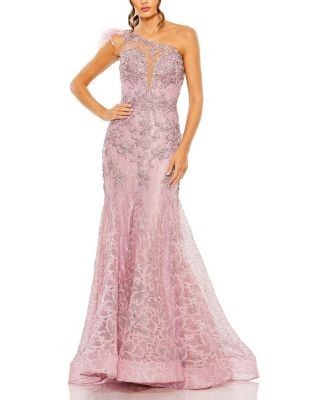 Mac Duggal Embroidered Applique Feathered One Shoulder Gown