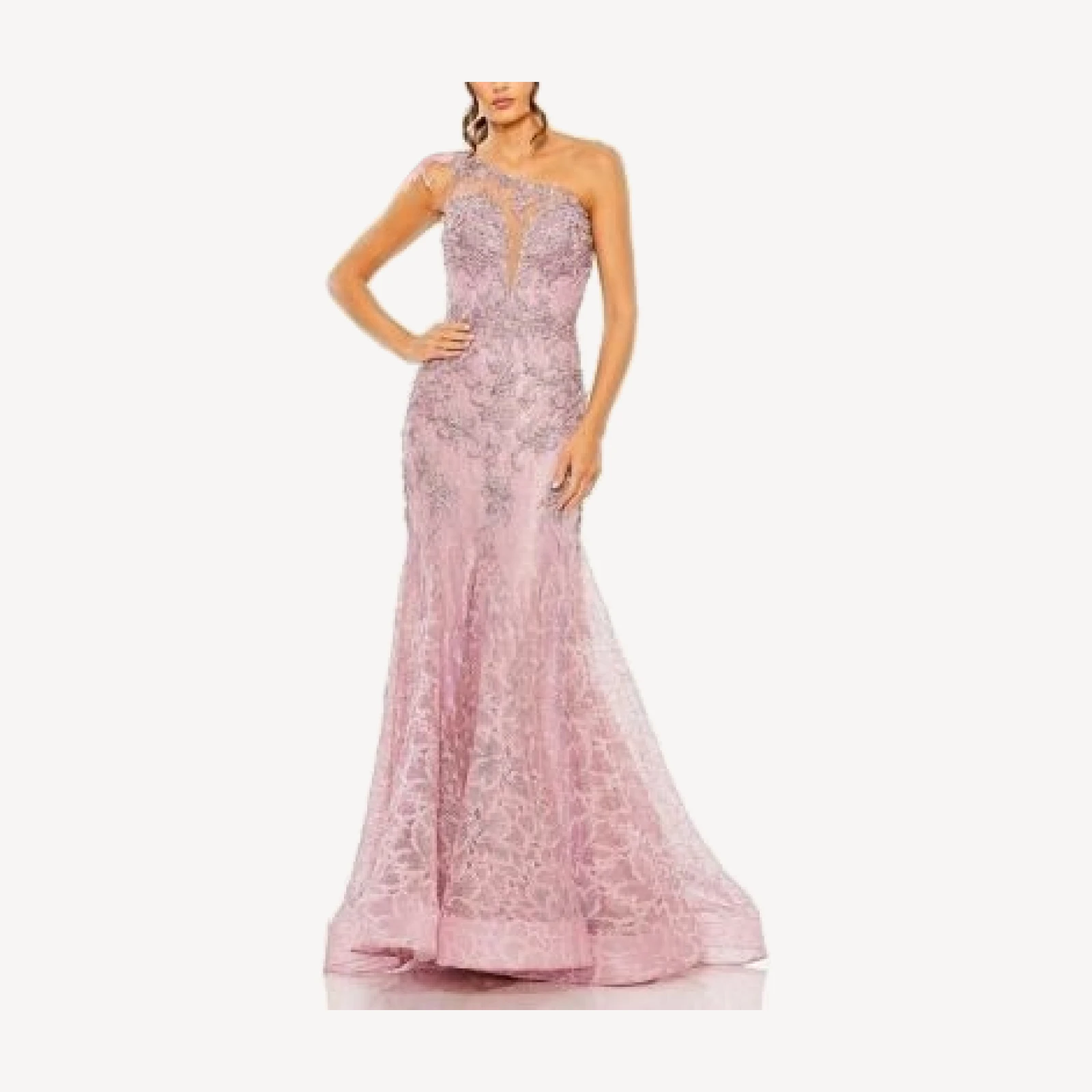Mac Duggal Embroidered Applique Feathered One Shoulder Gown