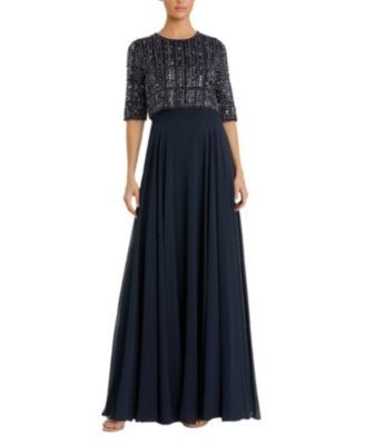 Mac Duggal Beaded 3/4 Sleeve Chiffon Gown