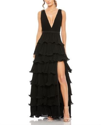 Mac Duggal Sleeveless Ruffle Tiered V Neck Gown
