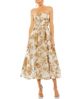 Mac Duggal Strapless Brocade Pockets Detail Midi Dress