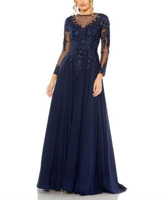 Mac Duggal Hand-Embellished Lace Gown with Jeweled Embroidery