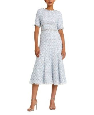 Mac Duggal Women's Short Sleeve Beaded Trim Boucle Midi Dress