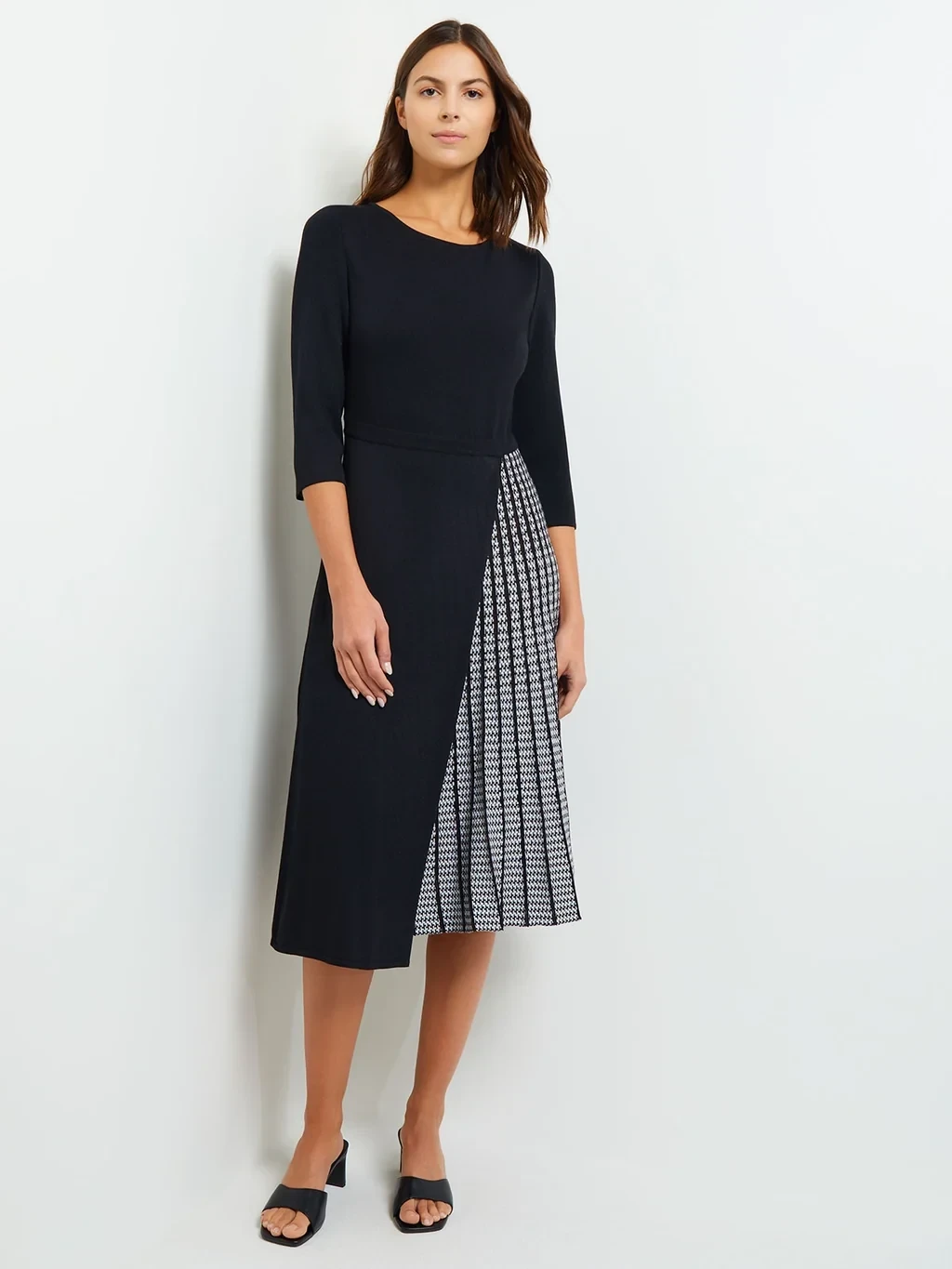 Pleated Contrast Panel Soft Knit Dress, Black & White
