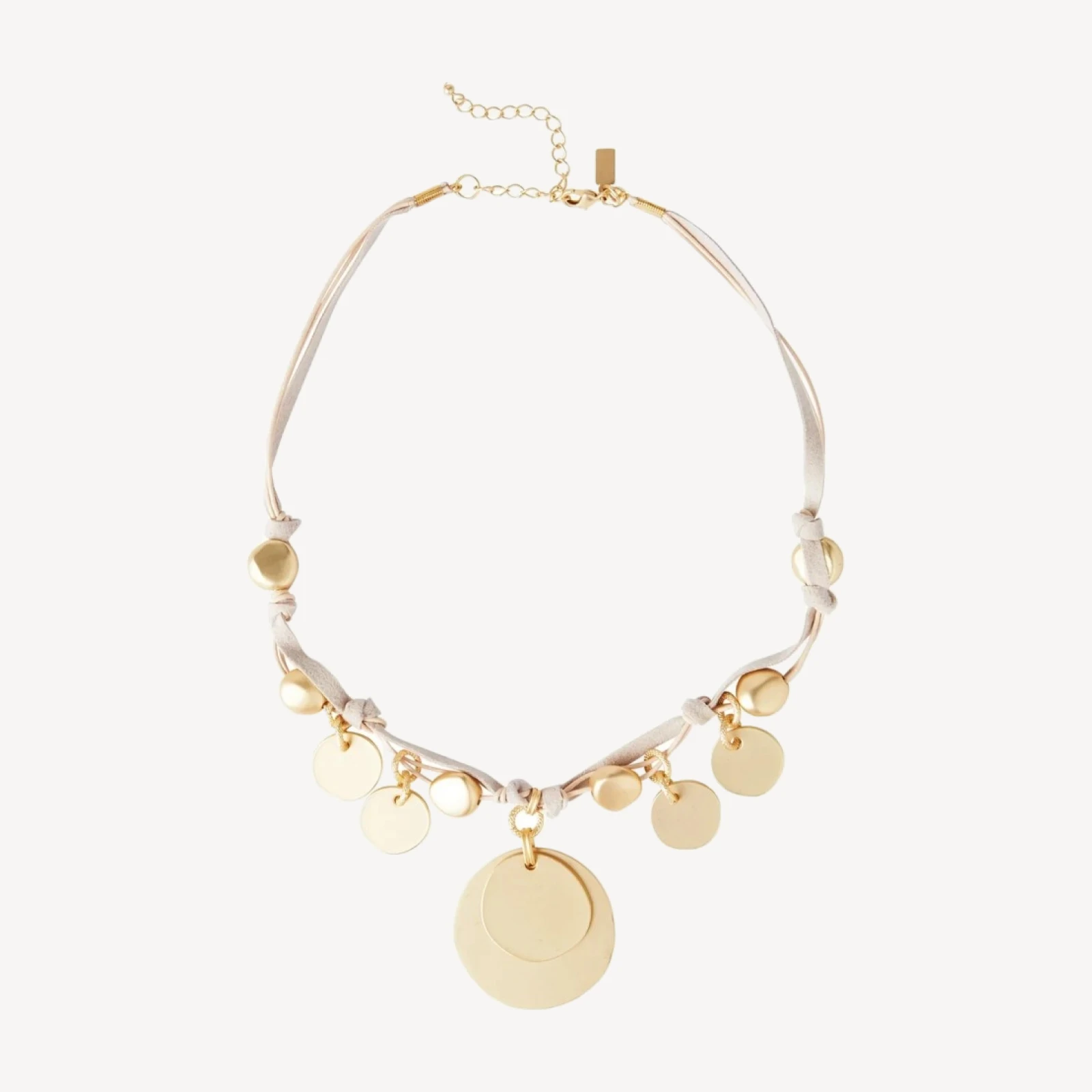 Matte Gold Coin Charm Natural Leather & Suede Necklace