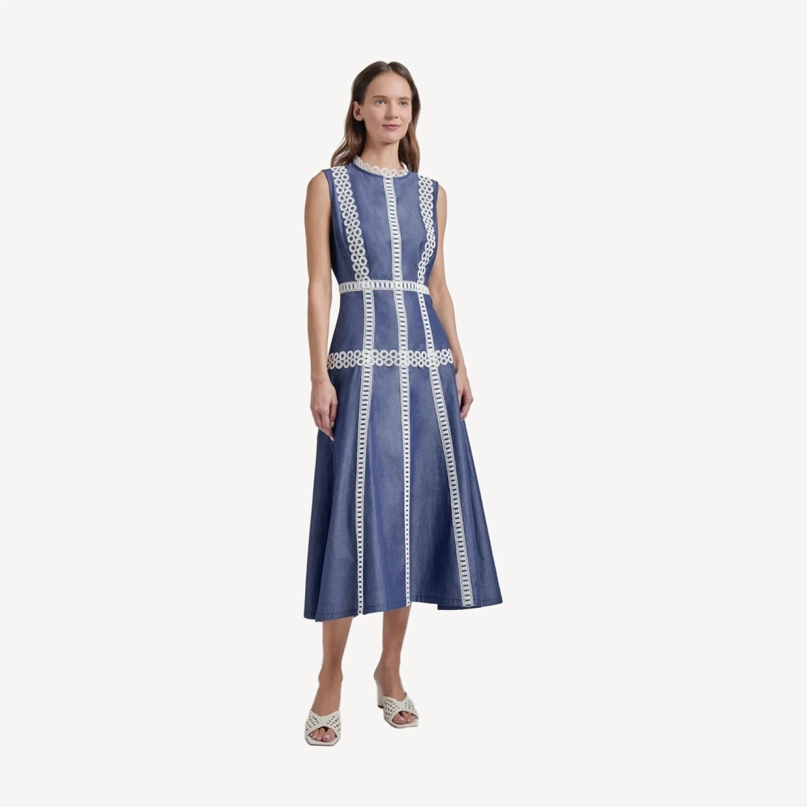 Fit & Flare Cotton Eyelet Trim Maxi Dress