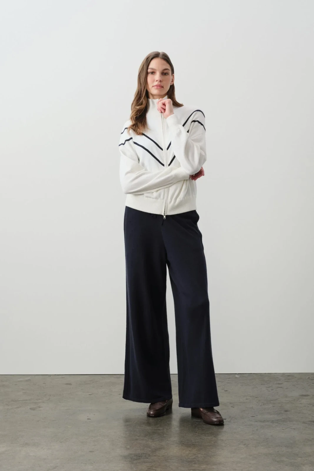 MAGDA COTTON CASHMERE TRACK JACKET - ECRU/NAVY