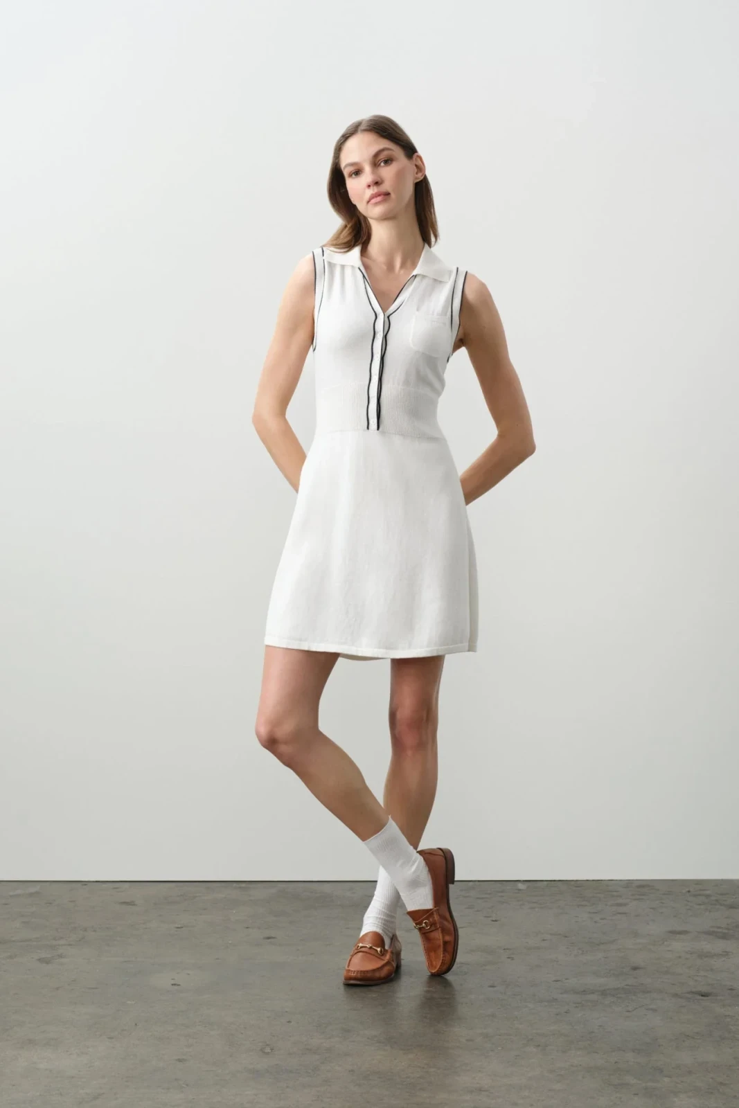 LINDA COTTON CASHMERE TENNIS DRESS - ECRU/CLUB NAVY