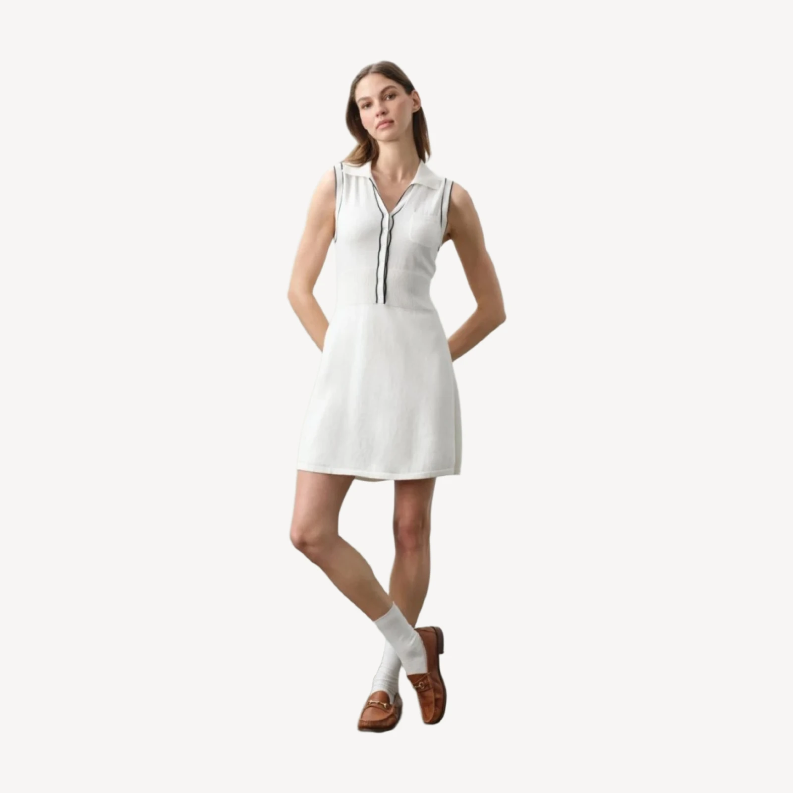 LINDA COTTON CASHMERE TENNIS DRESS - ECRU/CLUB NAVY