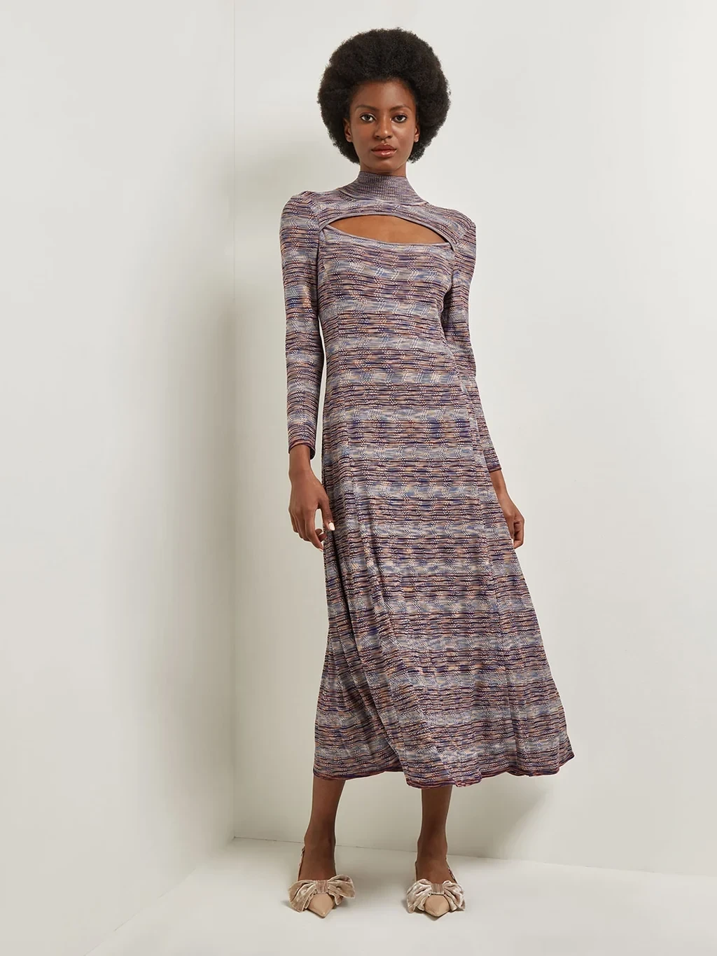 Modern Fit-and-Flare Melange Knit Cutout Midi Dress