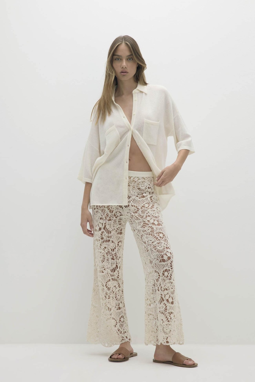 RUE BUTTON-UP CASHMERE TOP - ECRU