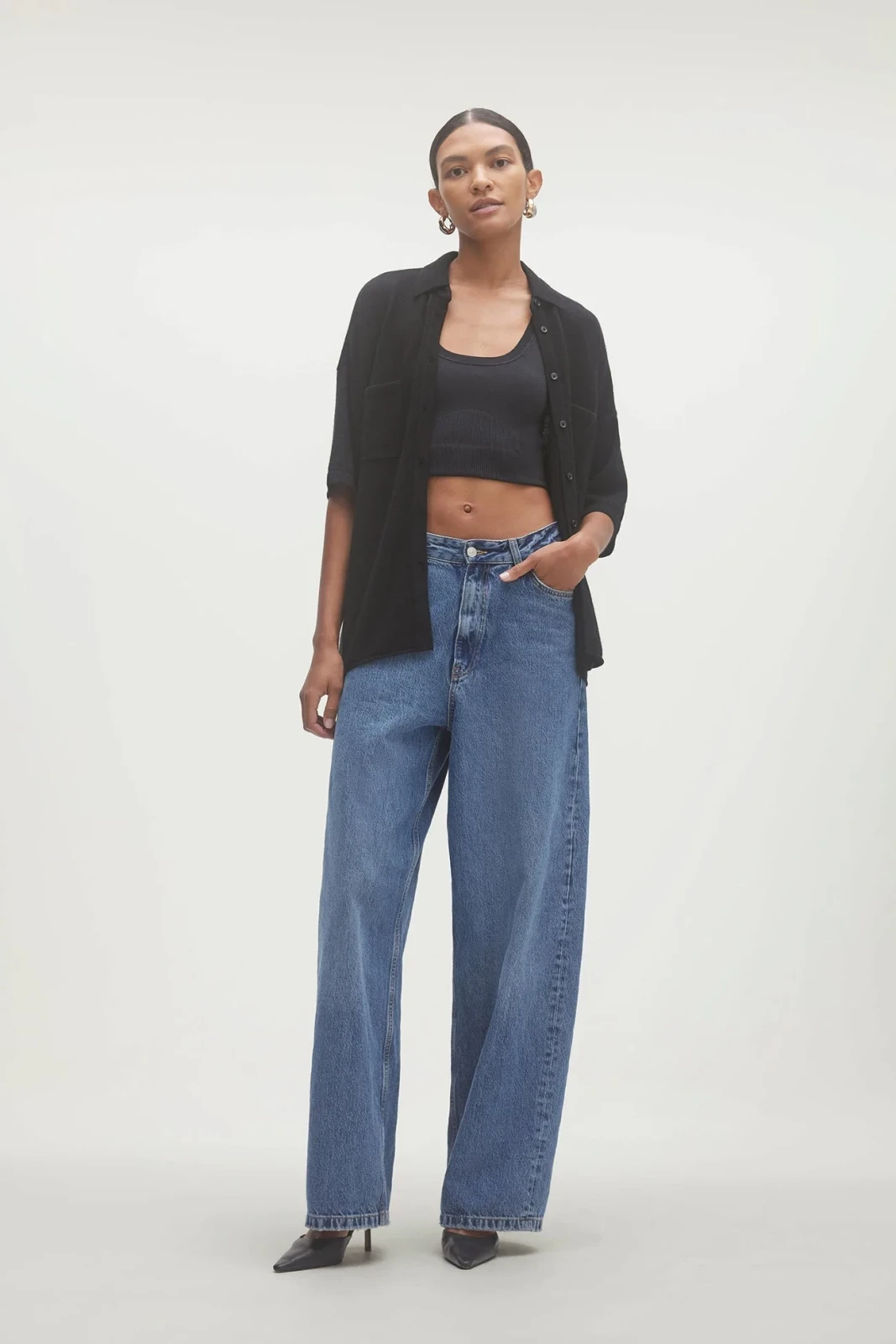 RUE BUTTON-UP CASHMERE TOP - BLACK