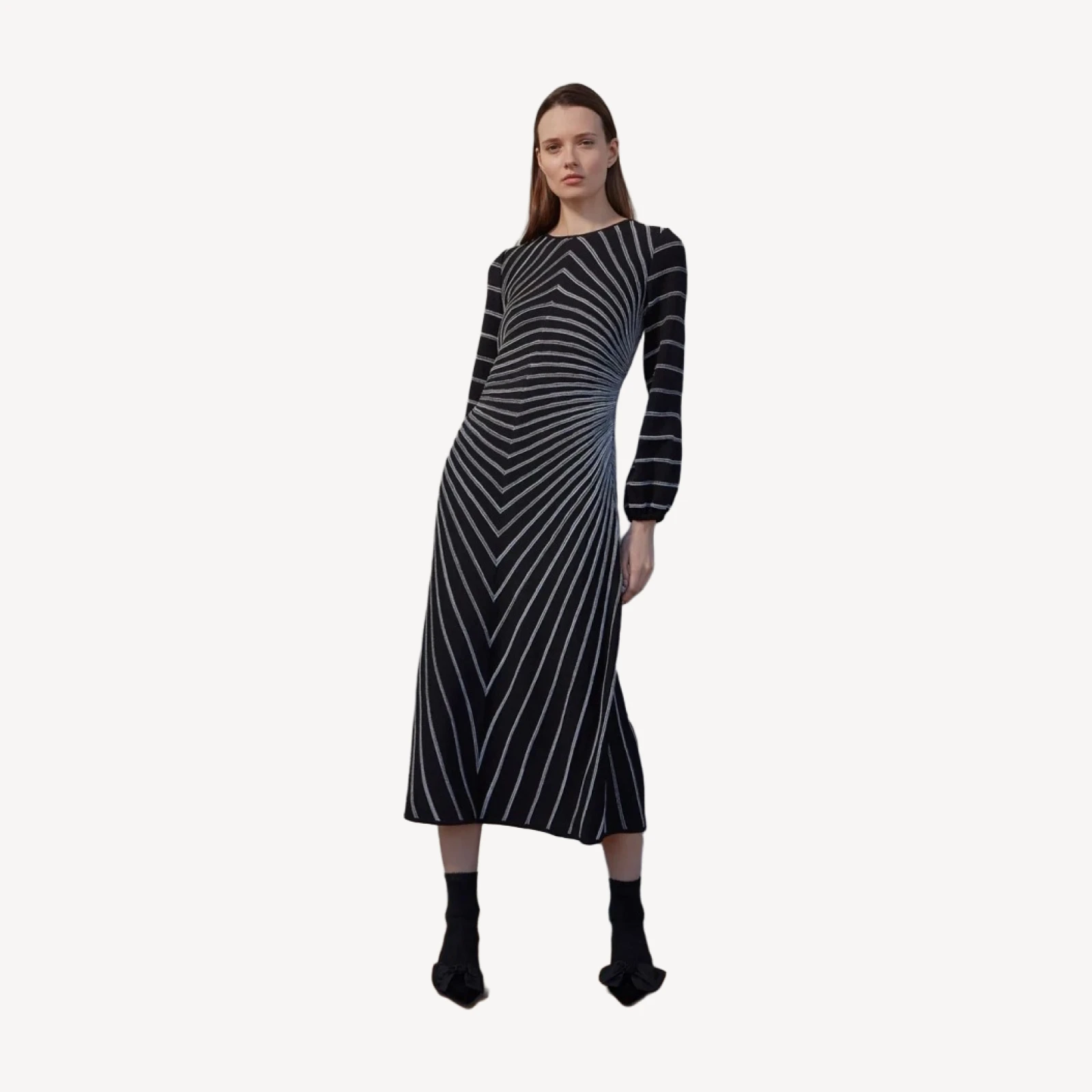 A-Line Melange Striped Soft Knit Midi Dress