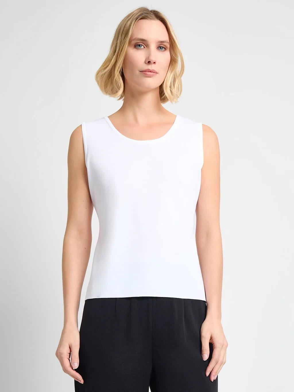 Double Scoop Neck Mylana Knit Tank, White - True Fit