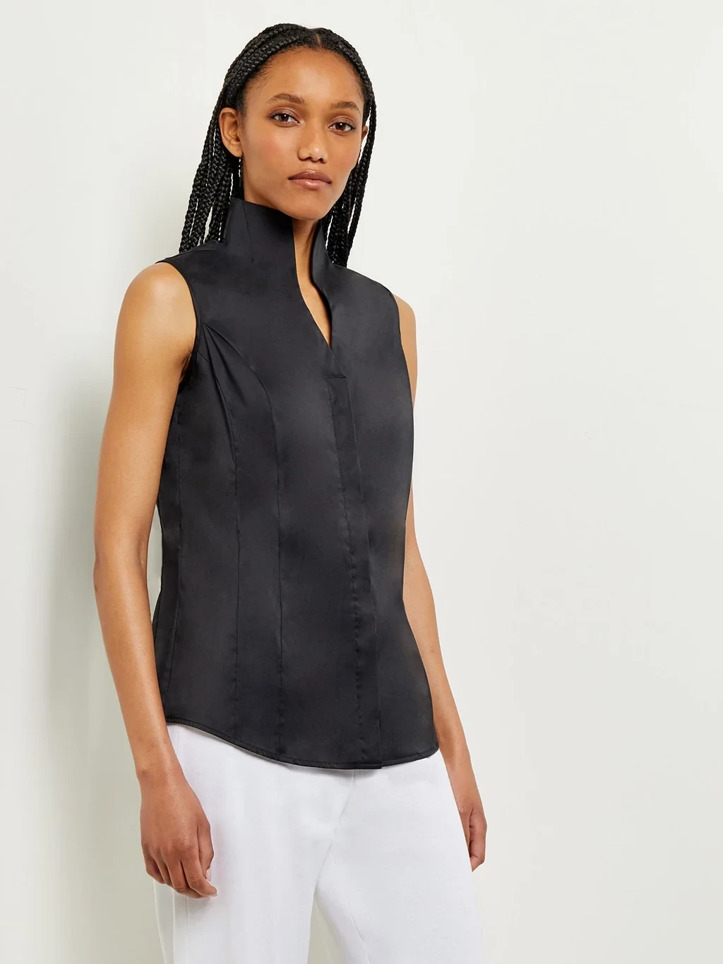 Sleeveless Stretch Cotton Blouse, Black - True Fit