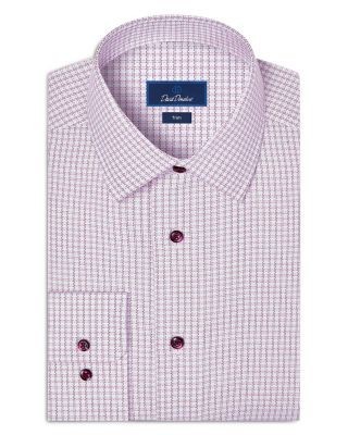 David Donahue Trim Fit Textured Check Cotton Dress Shirt