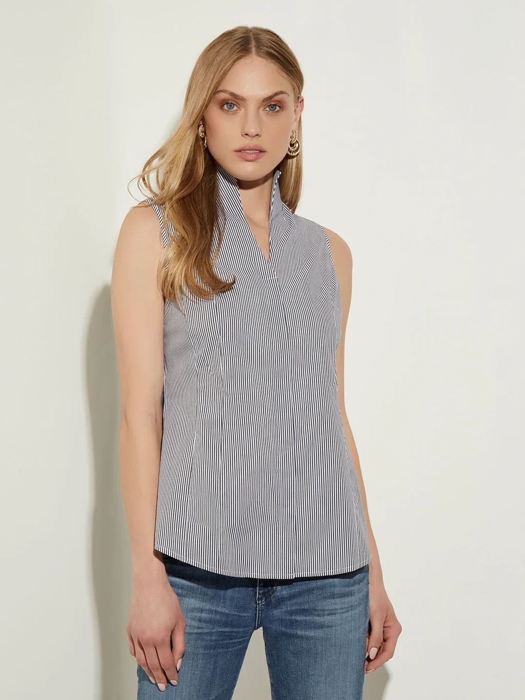 Pinstripe Sleeveless Stretch Cotton Blouse - True Fit