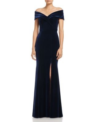 Aqua Off-the-Shoulder Fluted Velvet Gown - Exclusive