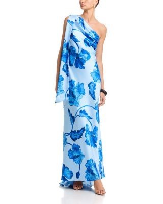 Aqua Long Satin One Shoulder Gown - Exclusive