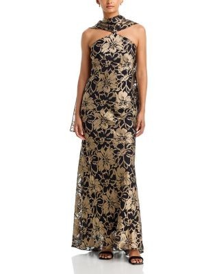 Aqua Floral Print Satin Scarf Neck Gown - Exclusive