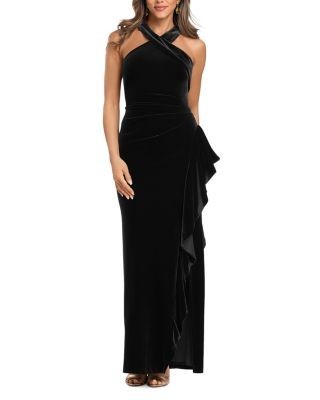 Aqua Velvet Halter Ruffled Maxi Dress - Exclusive
