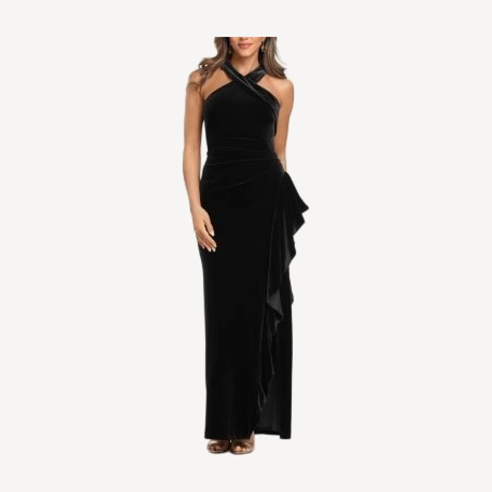 Aqua Velvet Halter Ruffled Maxi Dress - Exclusive
