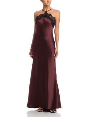 Aqua Long Satin Lace Trim Bias Gown - Exclusive
